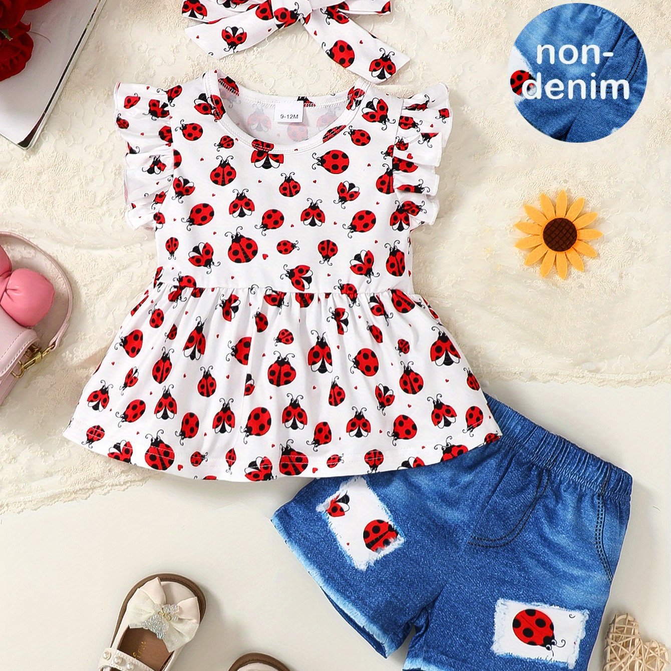 Cute Ladybug Baby Girl Ruffle Trim Sleeve T-Shirt and Shorts Outdoor Set Toddler Girl Casual Summer Outfit