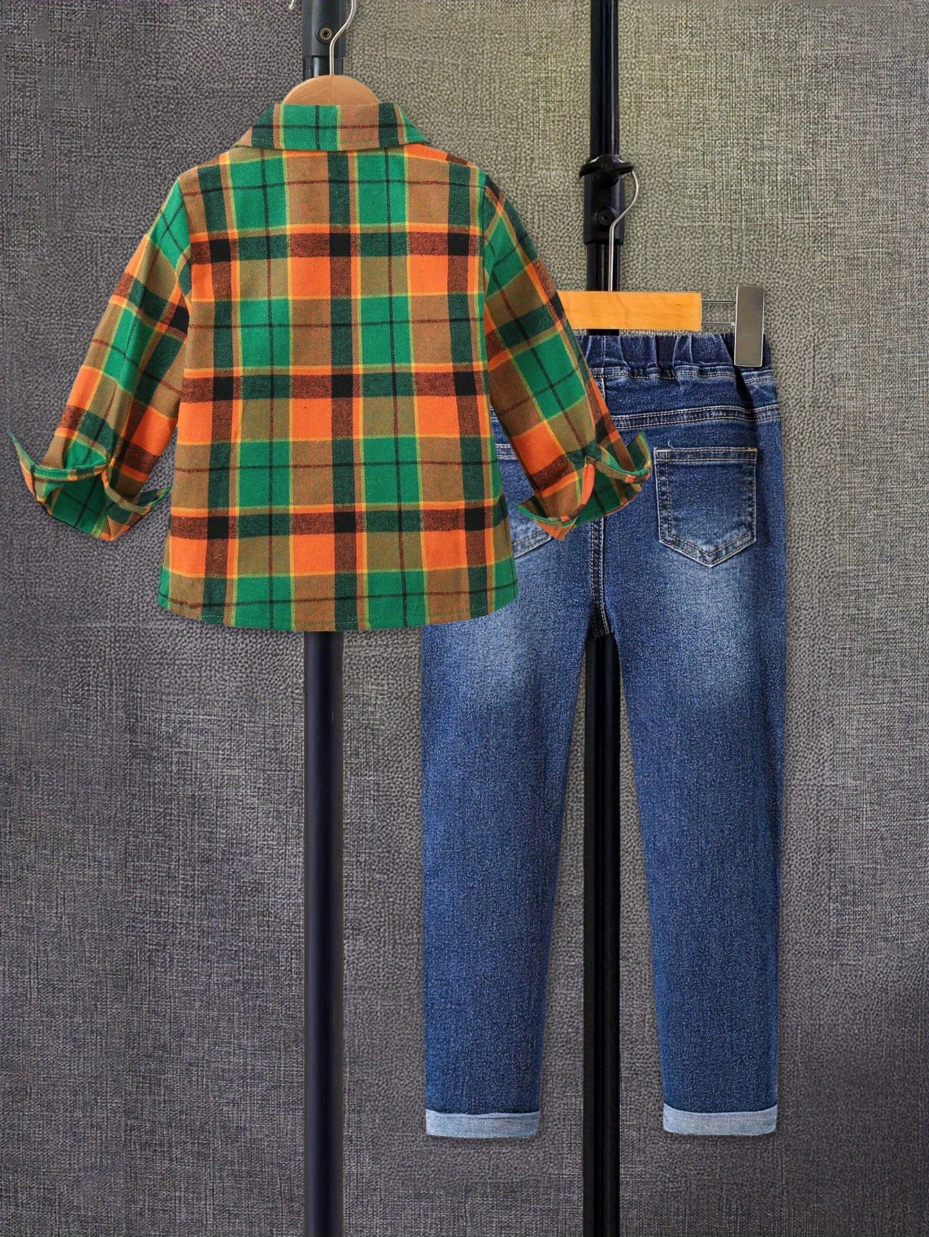 Boys Plaid Button Down Shirt And Denim Two Piece Set