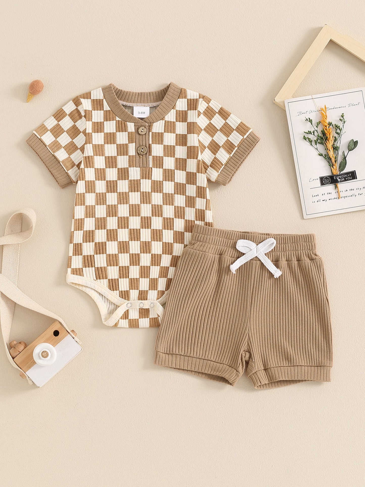 Baby Boys Summer Outfits Checkerboard Buttons Short Sleeve Romper And Shorts 2pcs Clothes Set For Outdoor