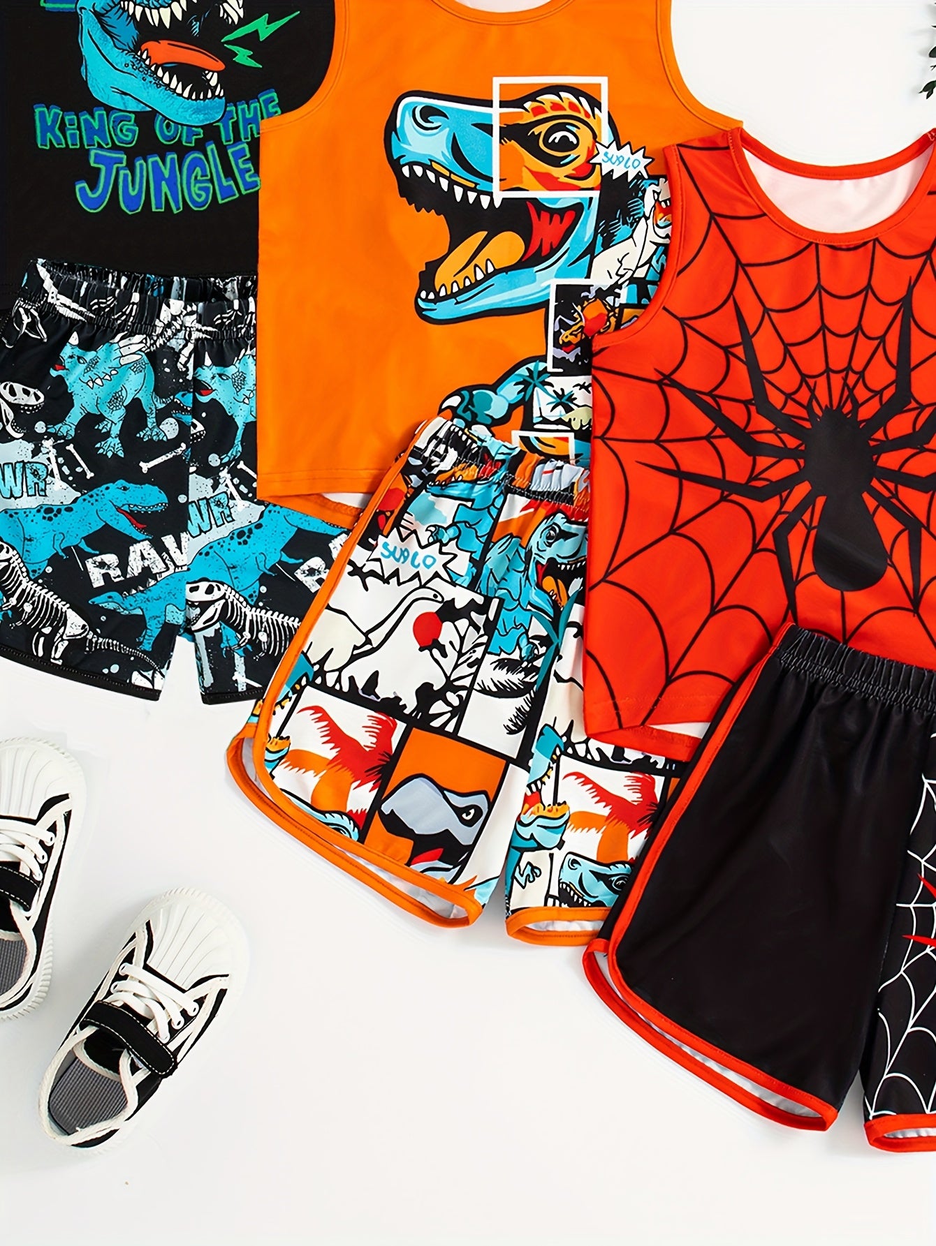 Summer New Boys Leisure Multi Suit Pattern Round Neck Vest Shorts Three Piece Set for Outdoor Wear