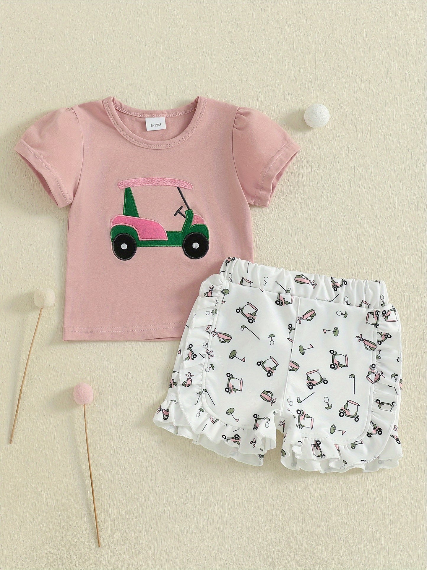 Toddler Girls Summer Outfit Golf Print Embroidery Short Sleeve T-Shirt and Elastic Shorts Set Cute 2 Piece Clothes for Outdoor Activities