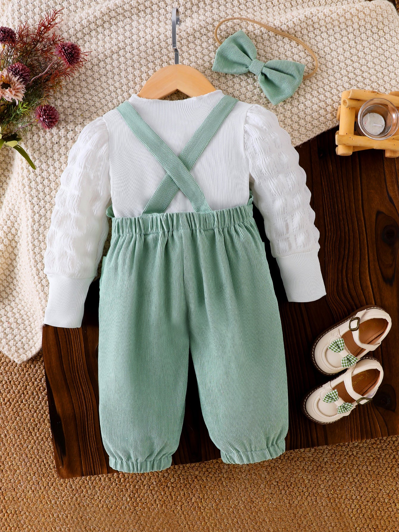 Baby Girl Floral Embroidered Romper Set Mint Green White
