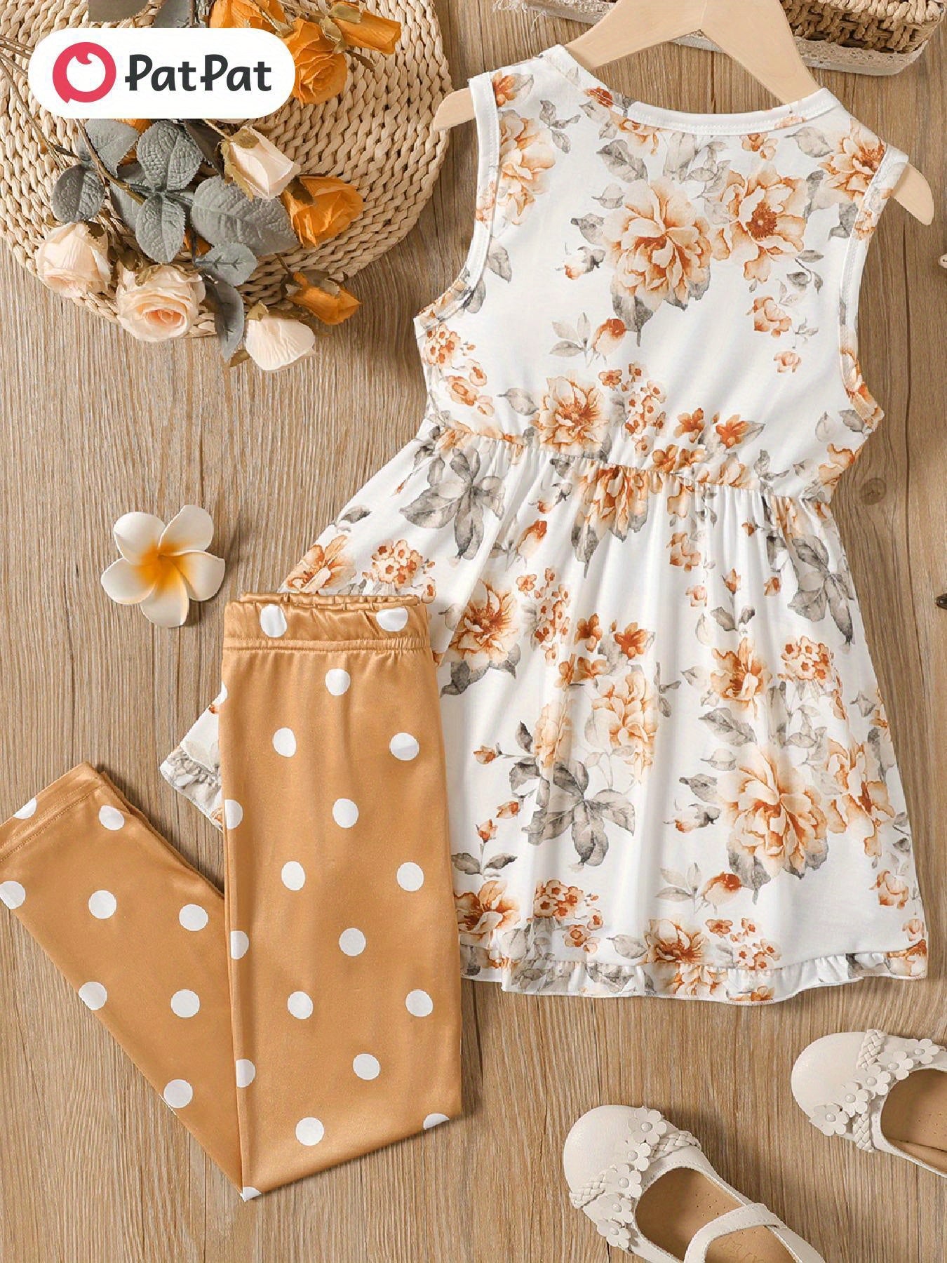 Cute Floral Dress Patpat 2pcs Toddler and Kid Girl's Outfit Sleeveless Dress with Bow and Polka Dot Leggings Soft Summer Spring Clothes for Girls 2 to 12 Years