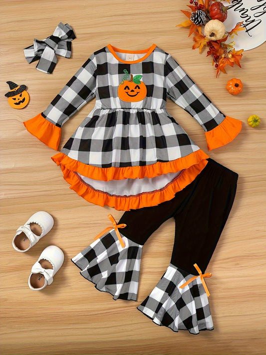 Halloween Girls 3 Piece Suit Embroidered Pumpkin Plaid Set