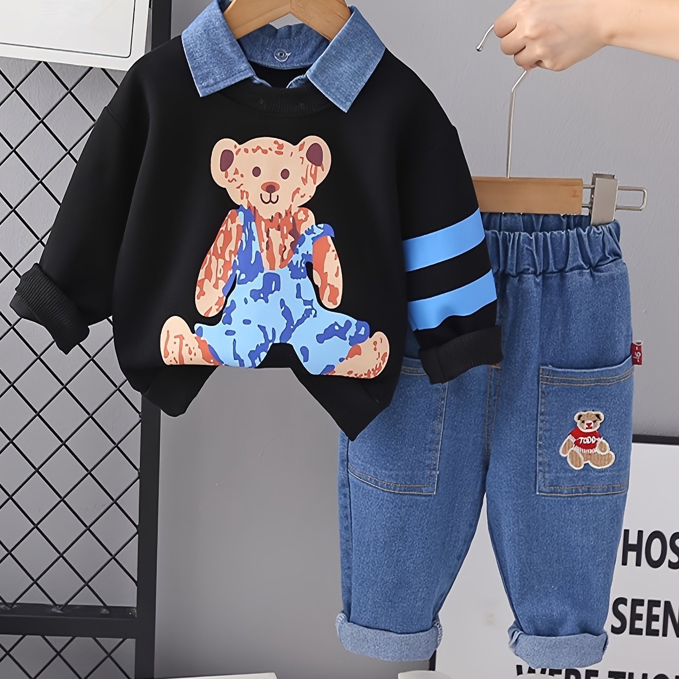 Boys' Denim Overalls with Cartoon Bear Print - Loose Fit Casual Spring/Fall Outfit, Matching Denim Pants & Black Sweater, Perfect for Outdoor Play, Bear Clothes, Perfect for Outdoor