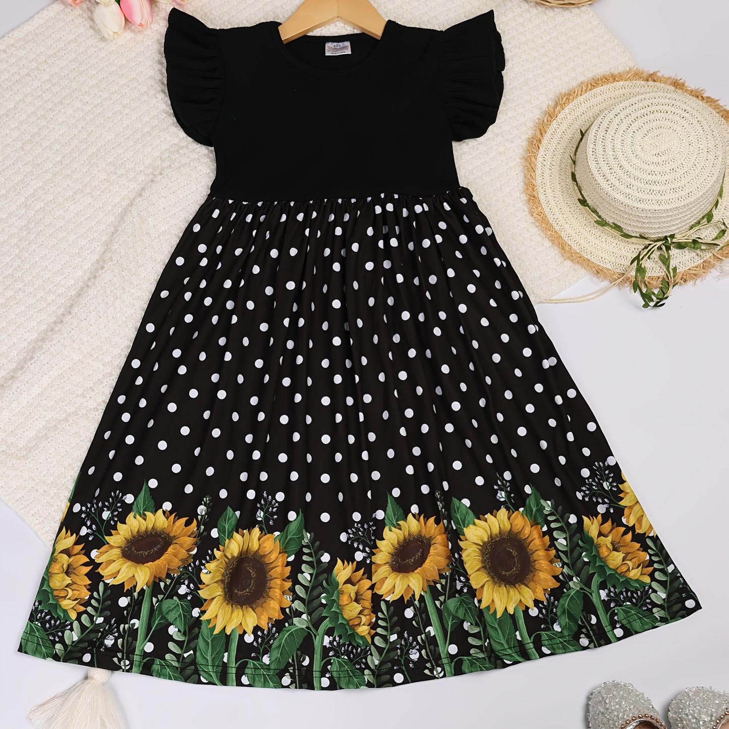 Girls Summer Sunflower Print Dress with Ruffled Sleeves Black and Yellow Floral Pattern Casual Crew Neck Mid Calf Length Fitted Top and Flared Skirt Breathable Polyester Machine Washable