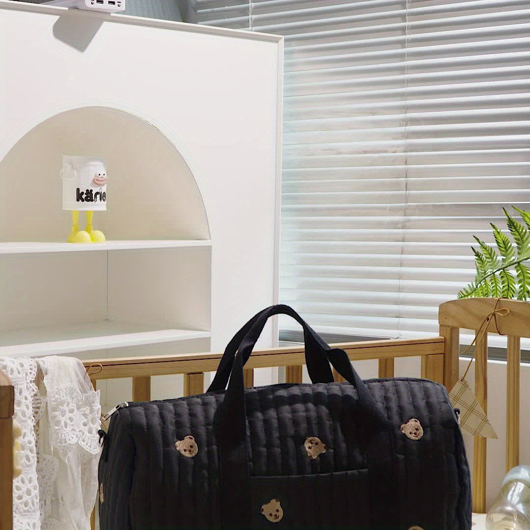 Large Mommy Bag Durable Polyester Large Capacity Embroidered Black Teddy Bear Multi Functional Storage Portable Crossbody Design Everyday Carry Bag Playful Design Sturdy Handle Diaper Bag