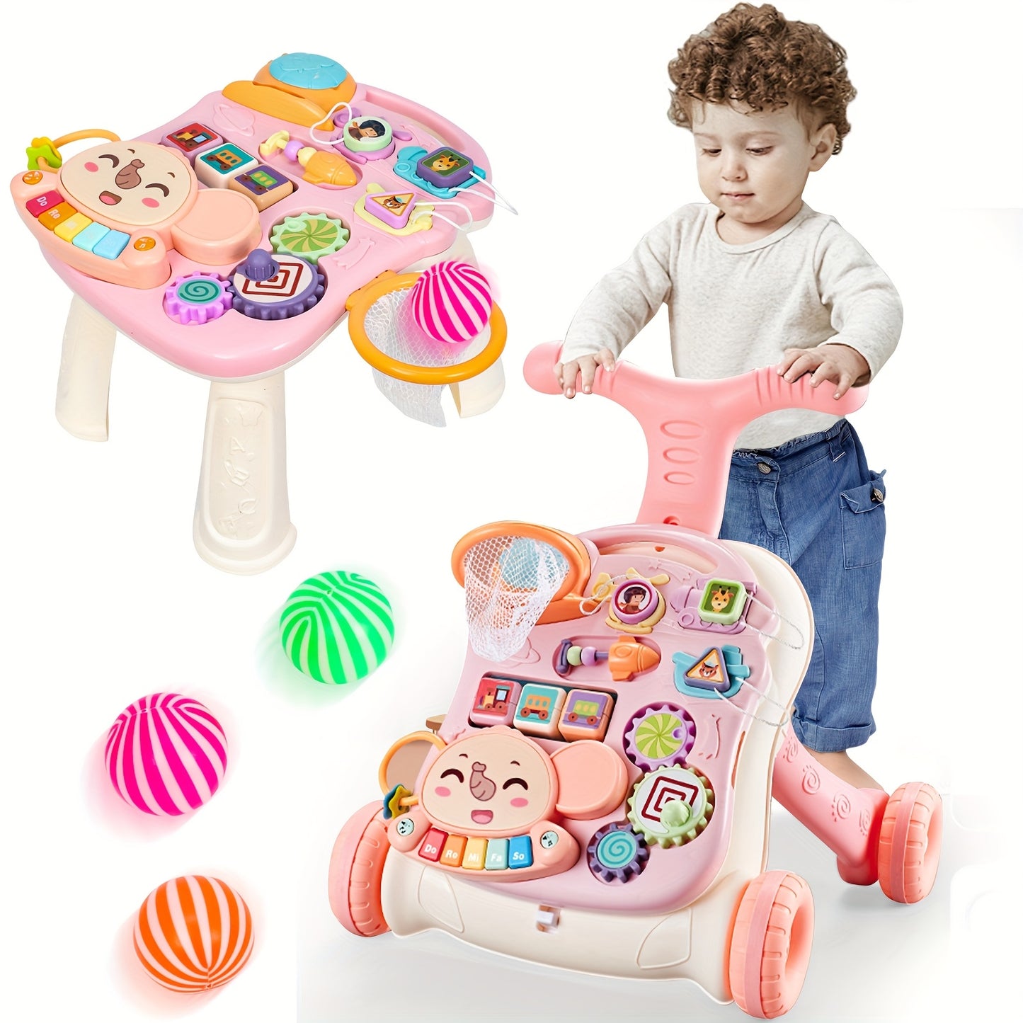5 in 1 Baby Walker with Music Sit to Stand Early Learning Balance Bike Push Walker Movable Table Detachable Panel for Boys and Girls Ages 12 to 36 Months