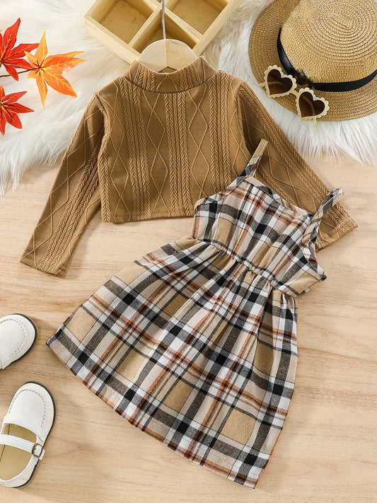 Girls Plaid Knit Skirt Set Asymmetric Long Sleeve Top