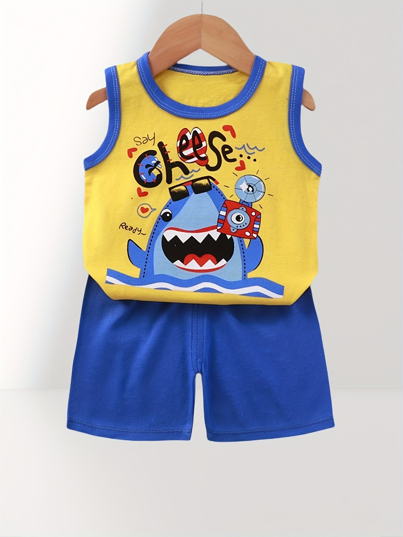 4 Sets Of 8pcs Boy Cartoon Tiger Dinosaur Shark Pattern Vest Shorts Suit Comfortable Soft Breathable For Summer Outdoor Sports