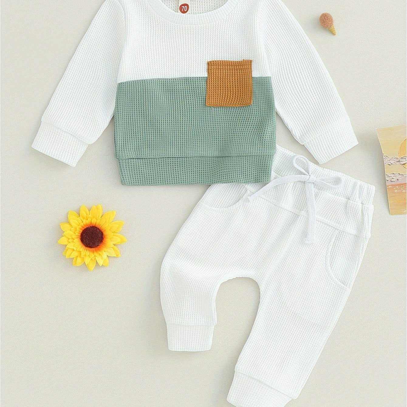 Toddler Baby Boys Pants Set, Long Sleeve Crew Neck Contrast Color Sweatshirt Elastic Waist Sweatpants Infant Clothes
