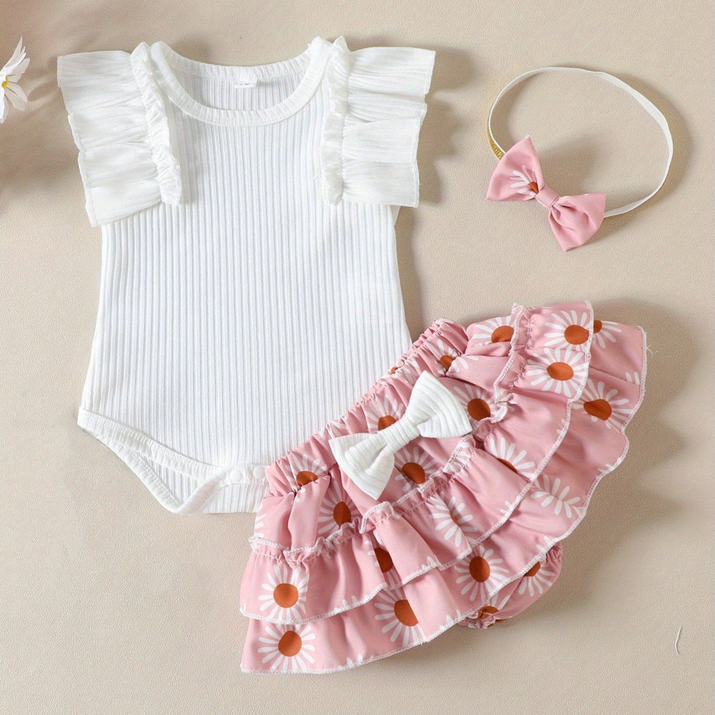 Baby Girls Summer Outfit Set Ruffle Sleeve Ribbed Romper Floral Culottes Headband Outdoor Wear