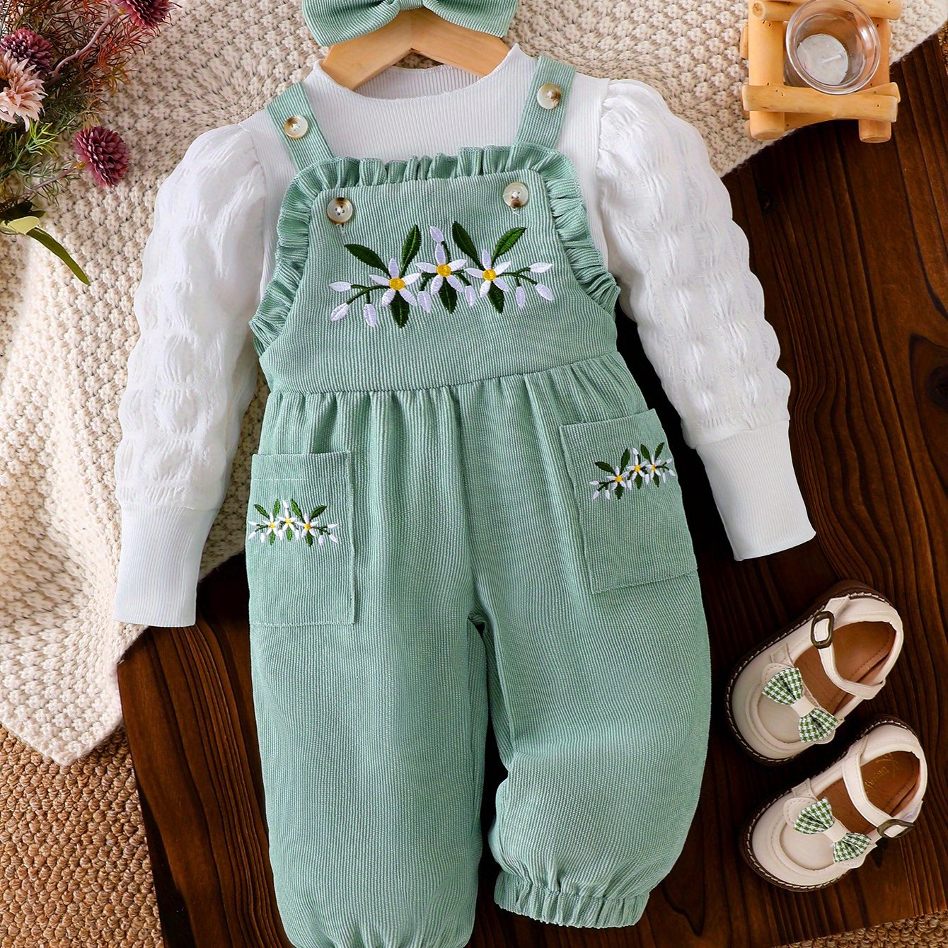 Baby Girl Floral Embroidered Romper Set Mint Green White