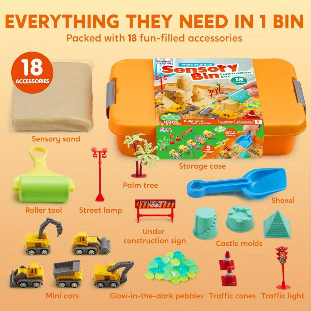 DIY Construction Sensory Bin for Toddlers with Glow in The Dark Stones Sandbox with Lid Castle Building Kit Preschool Learning Activities Gifts for Boys and Girls Age 3 and Up