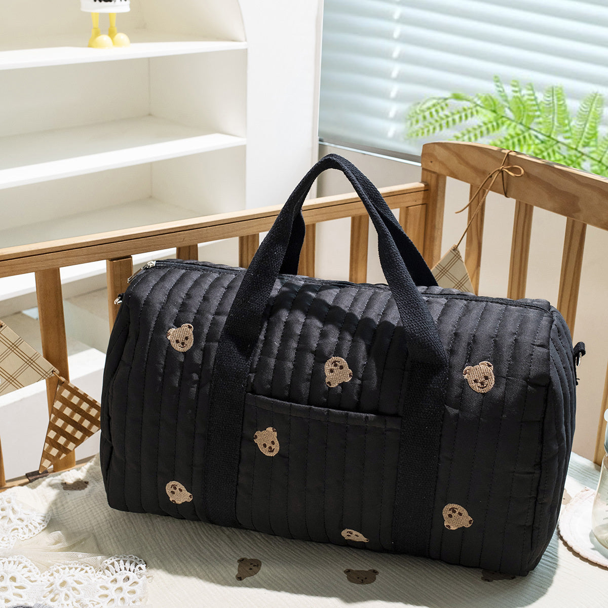 Large Mommy Bag Durable Polyester Large Capacity Embroidered Black Teddy Bear Multi Functional Storage Portable Crossbody Design Everyday Carry Bag Playful Design Sturdy Handle Diaper Bag