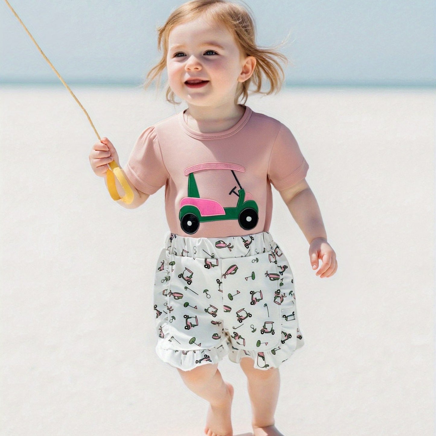 Toddler Girls Summer Outfit Golf Print Embroidery Short Sleeve T-Shirt and Elastic Shorts Set Cute 2 Piece Clothes for Outdoor Activities