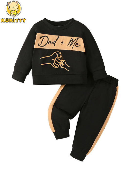 2pcs KuKitty Toddler Boys' Cotton Blend Casual Outfit Set, Alphabet Print Long Sleeve Pullover Top and Loose Pants with Knit Fabric, Regular Fit for Spring/Fall - 62% Polyester, 4.0% Elastane, for Outdoor, Toddler Boy Outfits