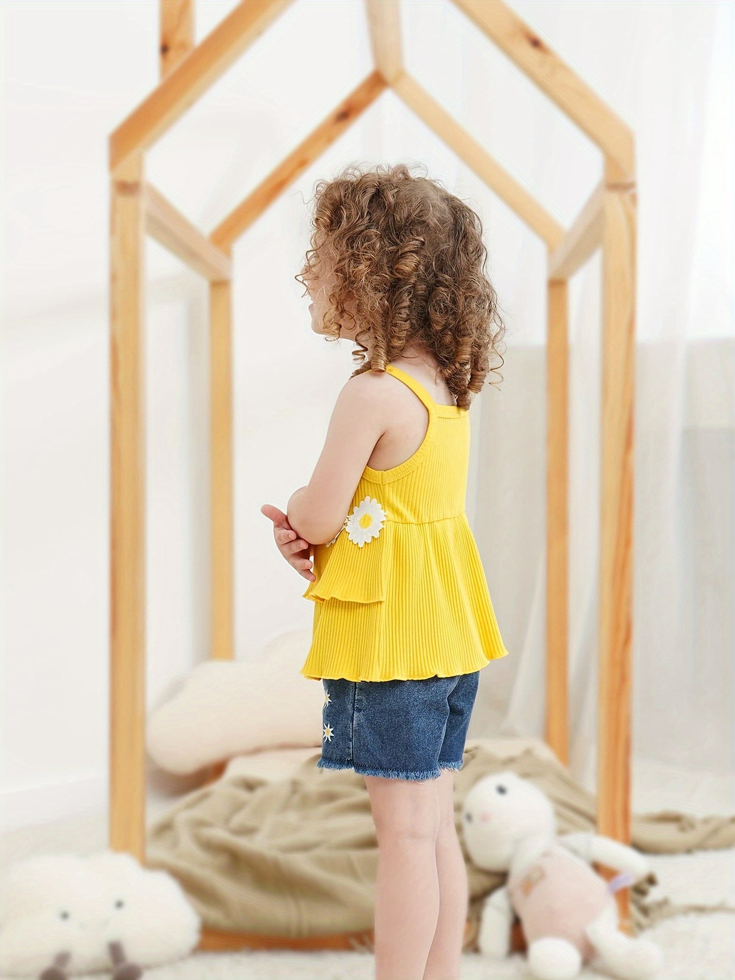 Ruffle Girl Summer Ruffle Floral Toddler Girls Clothes Sleeveless Tops Denim Shorts Set