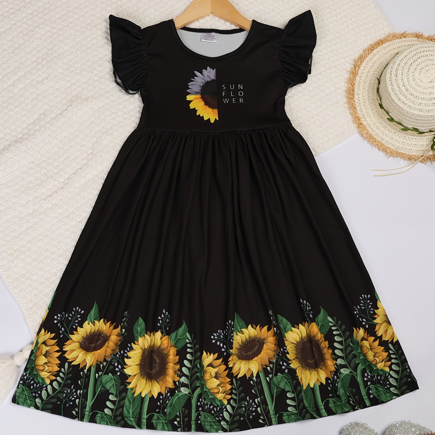 Girls Summer Sunflower Print Dress with Ruffled Sleeves Black and Yellow Floral Pattern Casual Crew Neck Mid Calf Length Fitted Top and Flared Skirt Breathable Polyester Machine Washable