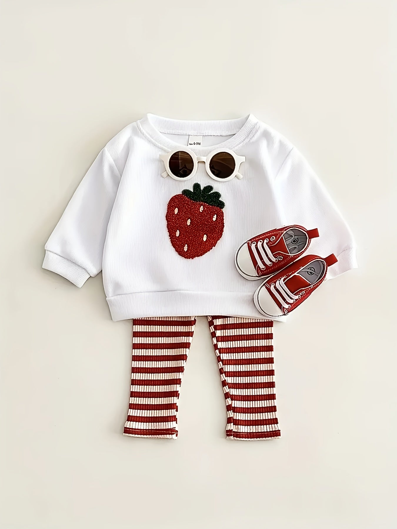 2pcs Set For Girls Featuring A Sweet And Cute Strawberry Pattern - Long Sleeve Round Neck Pullover And Striped Long Pants, Trendy Children'S Outfit For Girls, Autumn Kids' Clothing, Baby Girl Outfits, Toddler Girls' Clothing,