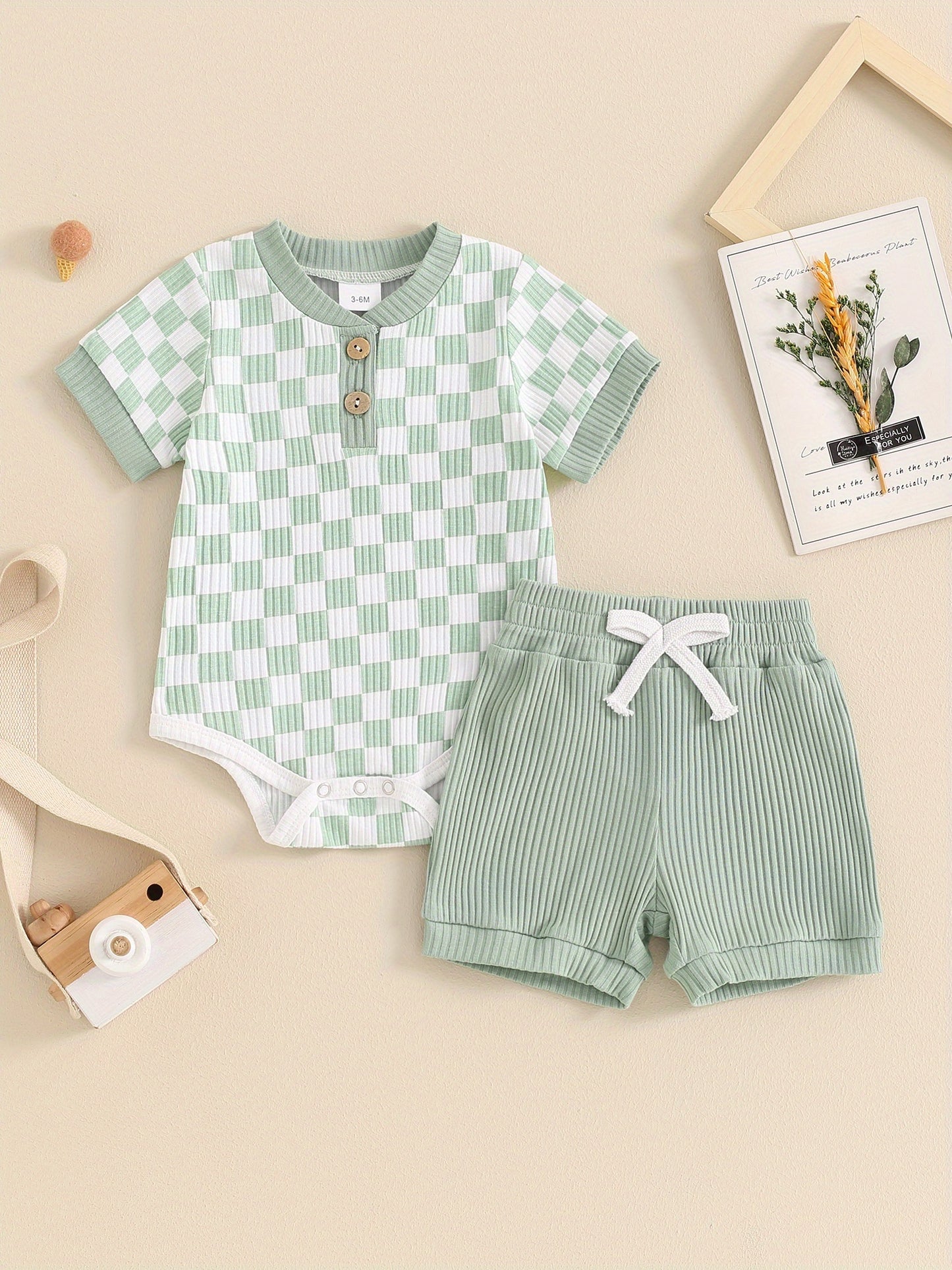 Baby Boys Summer Outfits Checkerboard Buttons Short Sleeve Romper And Shorts 2pcs Clothes Set For Outdoor