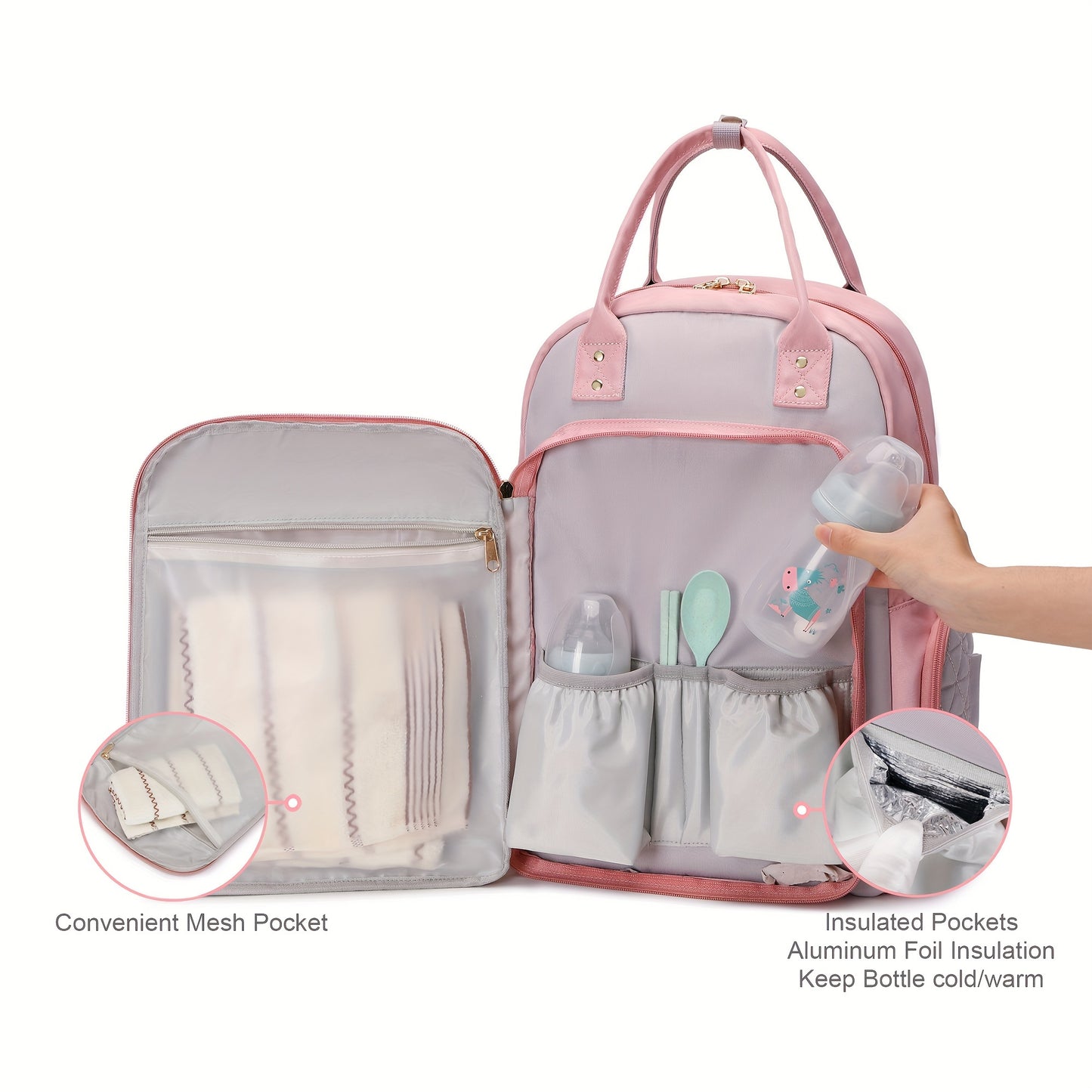 High Quality Pink Quilted Diaper Backpack with Zipper Pockets for Moms Hospital Bag Travel Essentials Stylish Casual Polyester Fabric