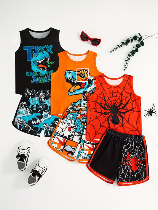 Summer New Boys Leisure Multi Suit Pattern Round Neck Vest Shorts Three Piece Set for Outdoor Wear