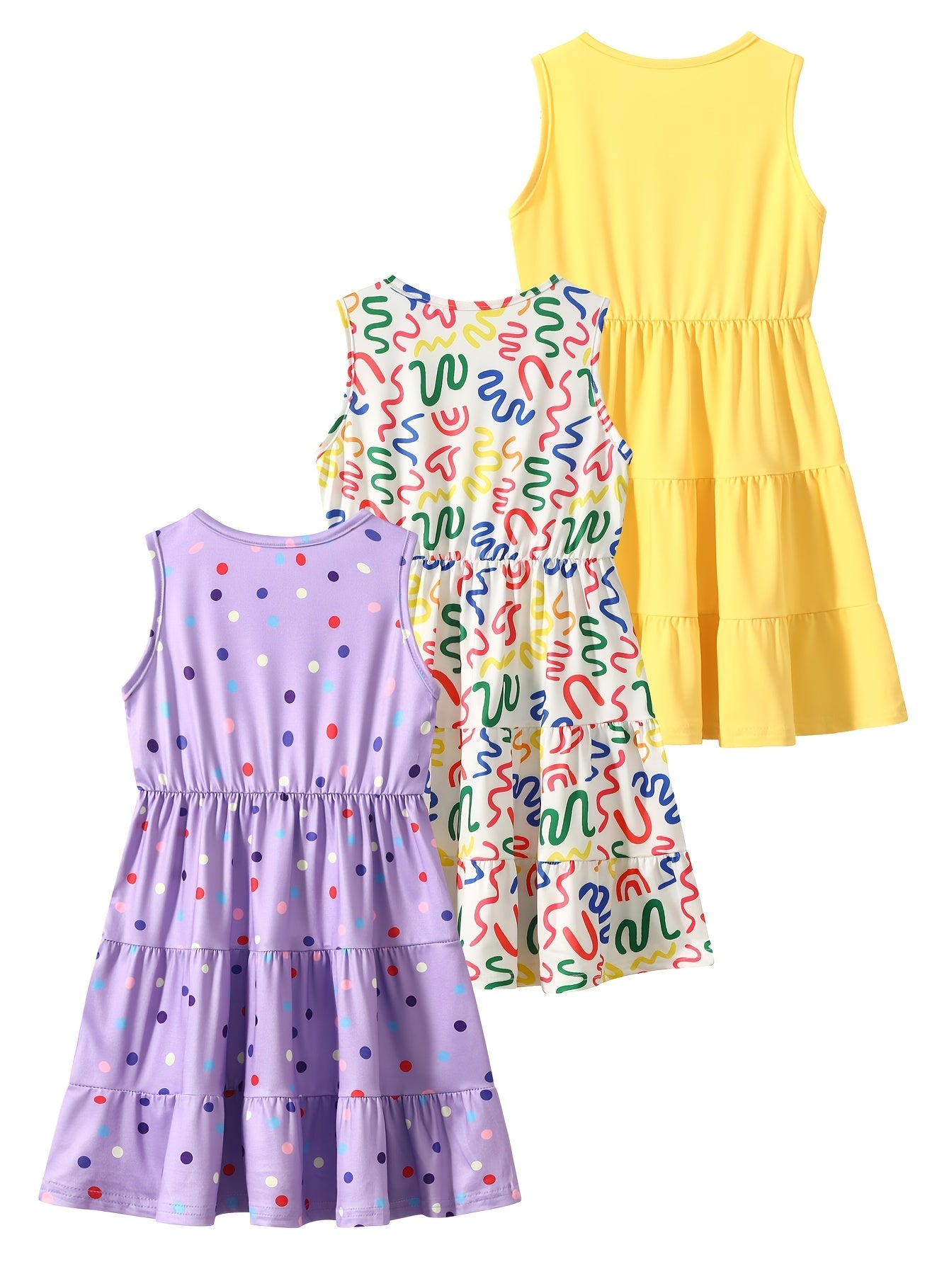 3 Pack Summer Girls Sleeveless Dresses Easter Holiday Gift Party Chic Peplum Casual Dresses for Kids