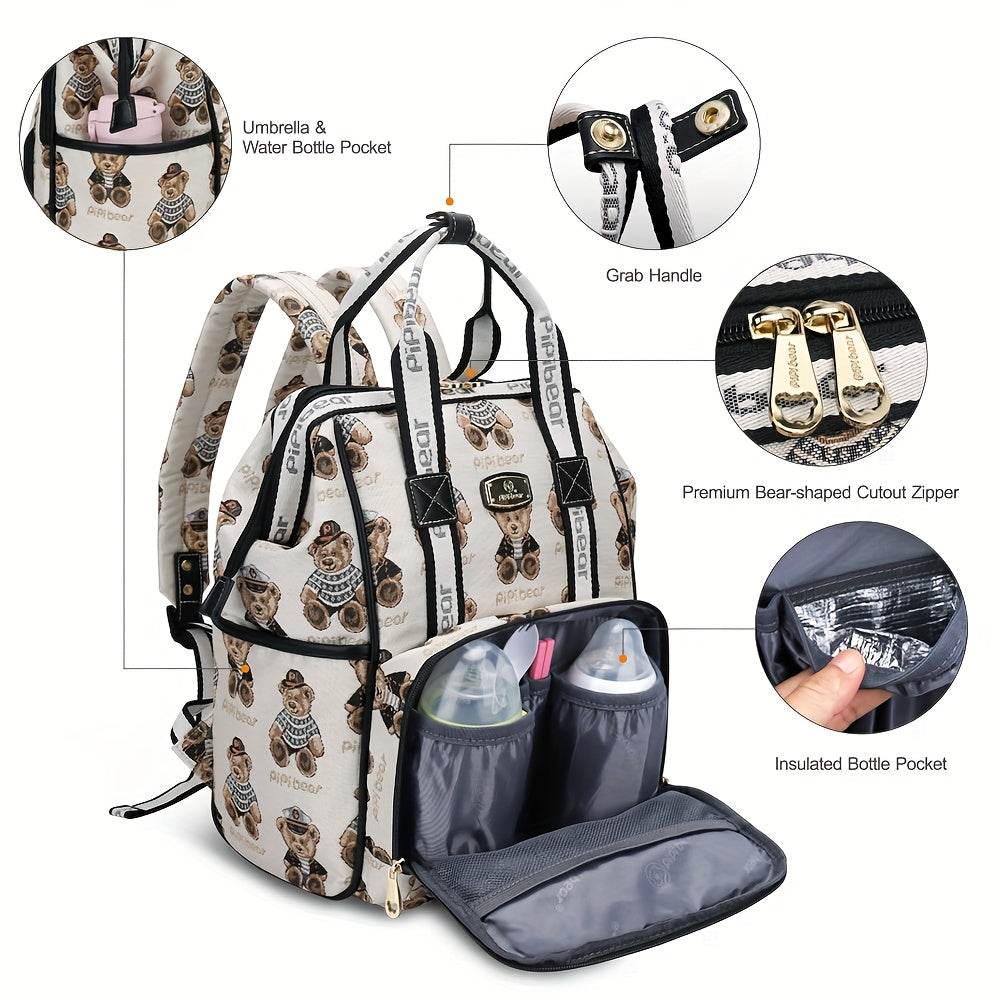 Cute Bear Mom Backpack Large Capacity Diaper Bag Adjustable Straps Insulated Cup Holder for Spring Travel Hiking