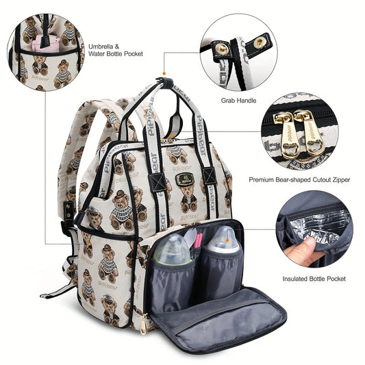 Cute Bear Mom Backpack Large Capacity Diaper Bag Adjustable Straps Insulated Cup Holder for Spring Travel Hiking