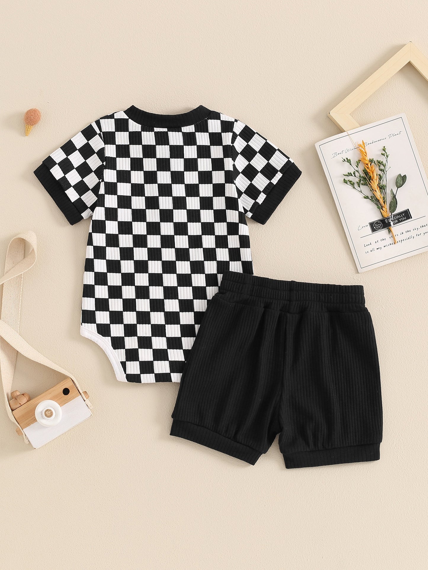 Baby Boys Summer Outfits Checkerboard Buttons Short Sleeve Romper And Shorts 2pcs Clothes Set For Outdoor