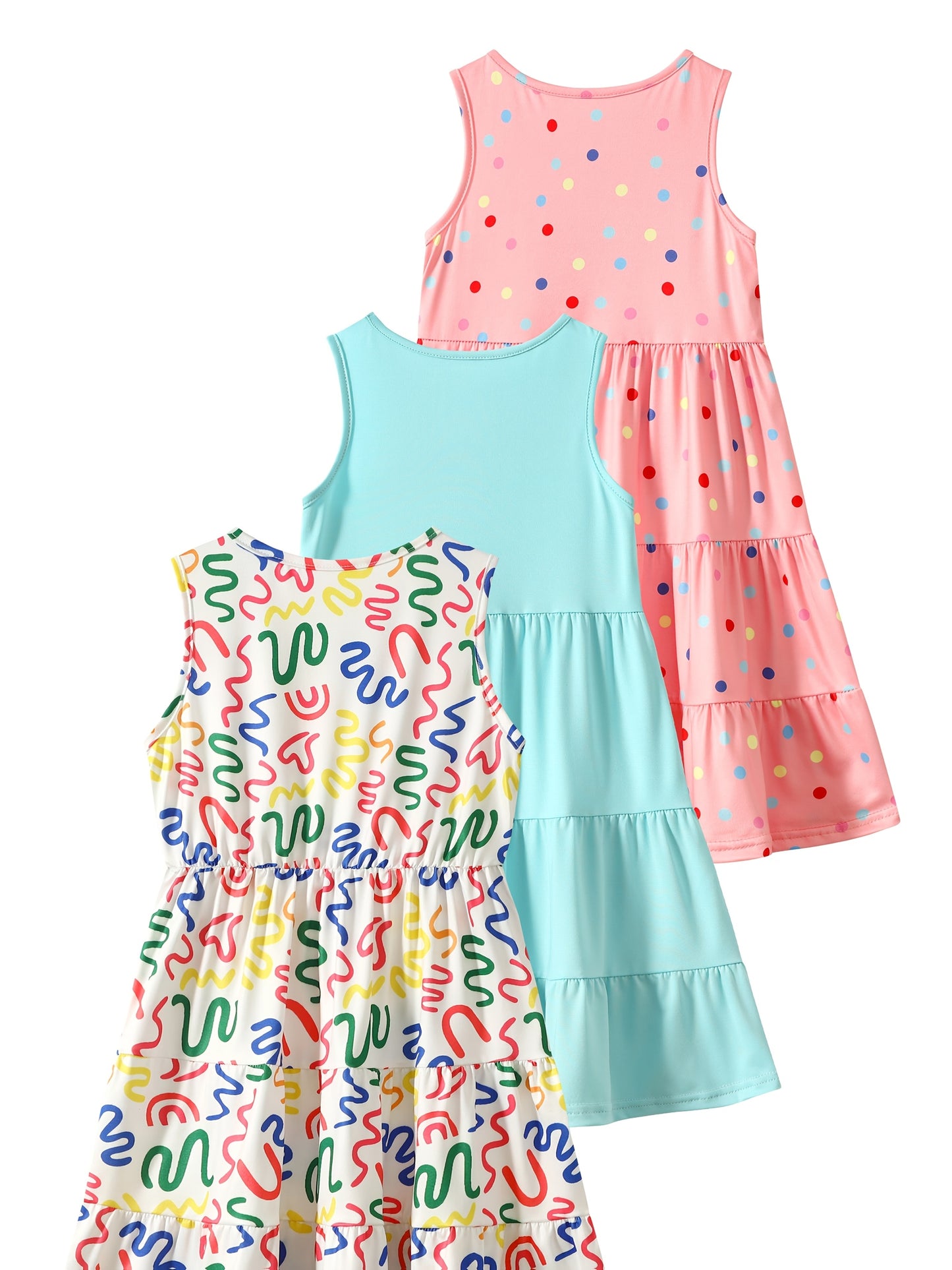3 Pack Summer Girls Sleeveless Dresses Easter Holiday Gift Party Chic Peplum Casual Dresses for Kids