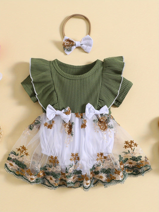 Infant Baby Girls Flower Embroidery Knit Rib Ruffle Romper Dress Summer Bodysuit with Bow Headband for Outdoor Use