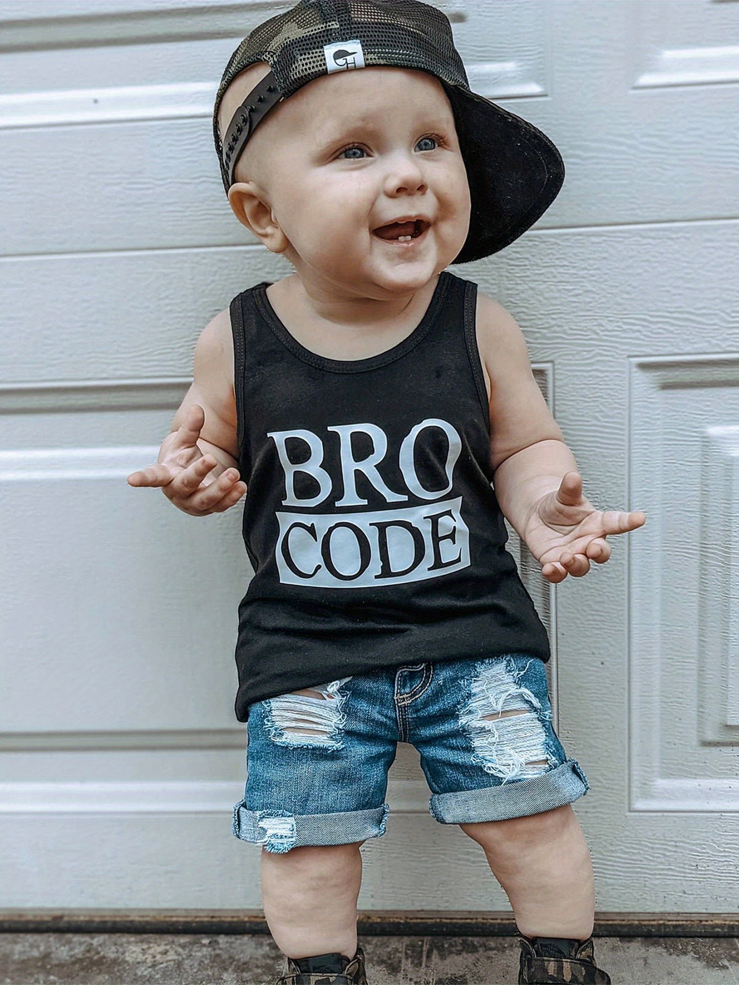 Baby Toddler Boys Summer Outfit Set Round Neck Sleeveless Letter Print Tank Tops and Ripped Denim Shorts for Outdoor Activities