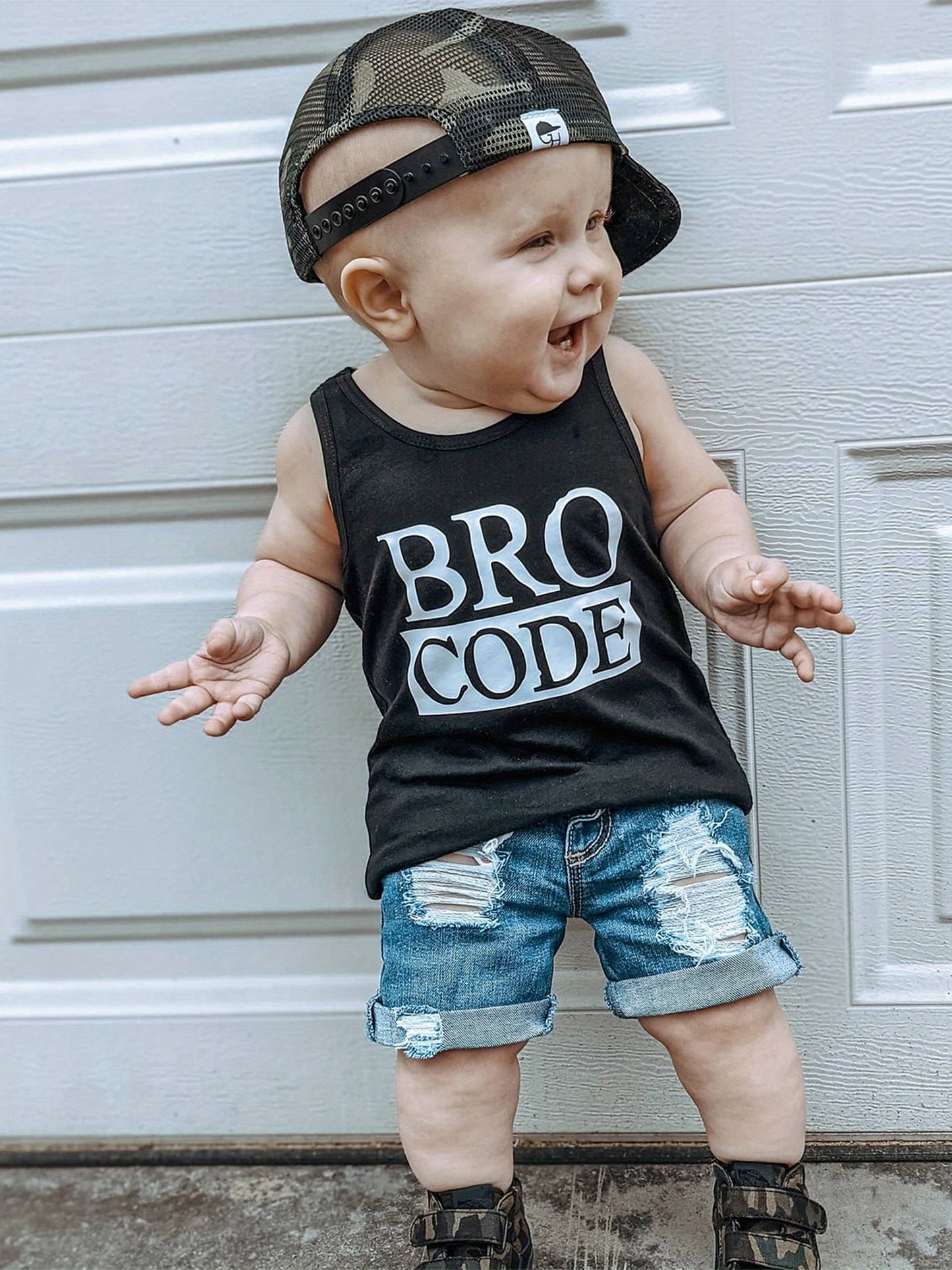 Baby Toddler Boys Summer Outfit Set Round Neck Sleeveless Letter Print Tank Tops and Ripped Denim Shorts for Outdoor Activities