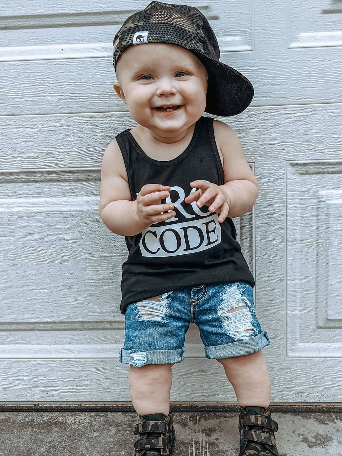 Baby Toddler Boys Summer Outfit Set Round Neck Sleeveless Letter Print Tank Tops and Ripped Denim Shorts for Outdoor Activities