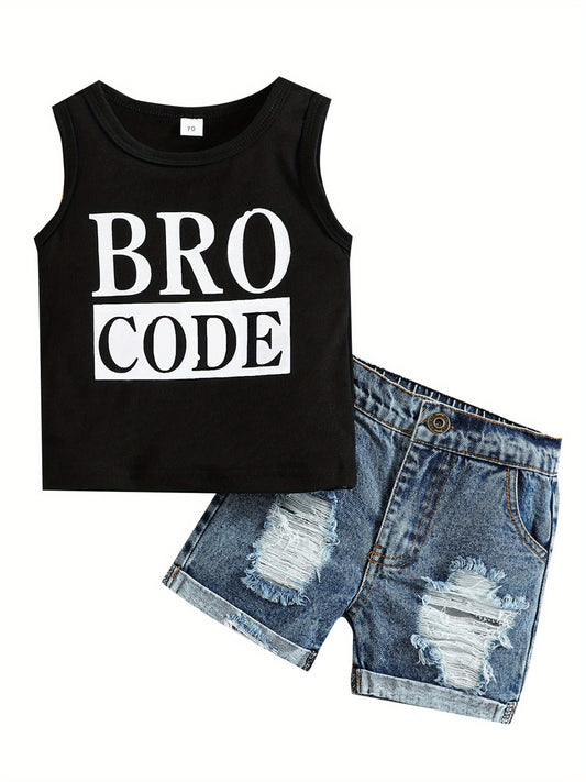 Baby Toddler Boys Summer Outfit Set Round Neck Sleeveless Letter Print Tank Tops and Ripped Denim Shorts for Outdoor Activities