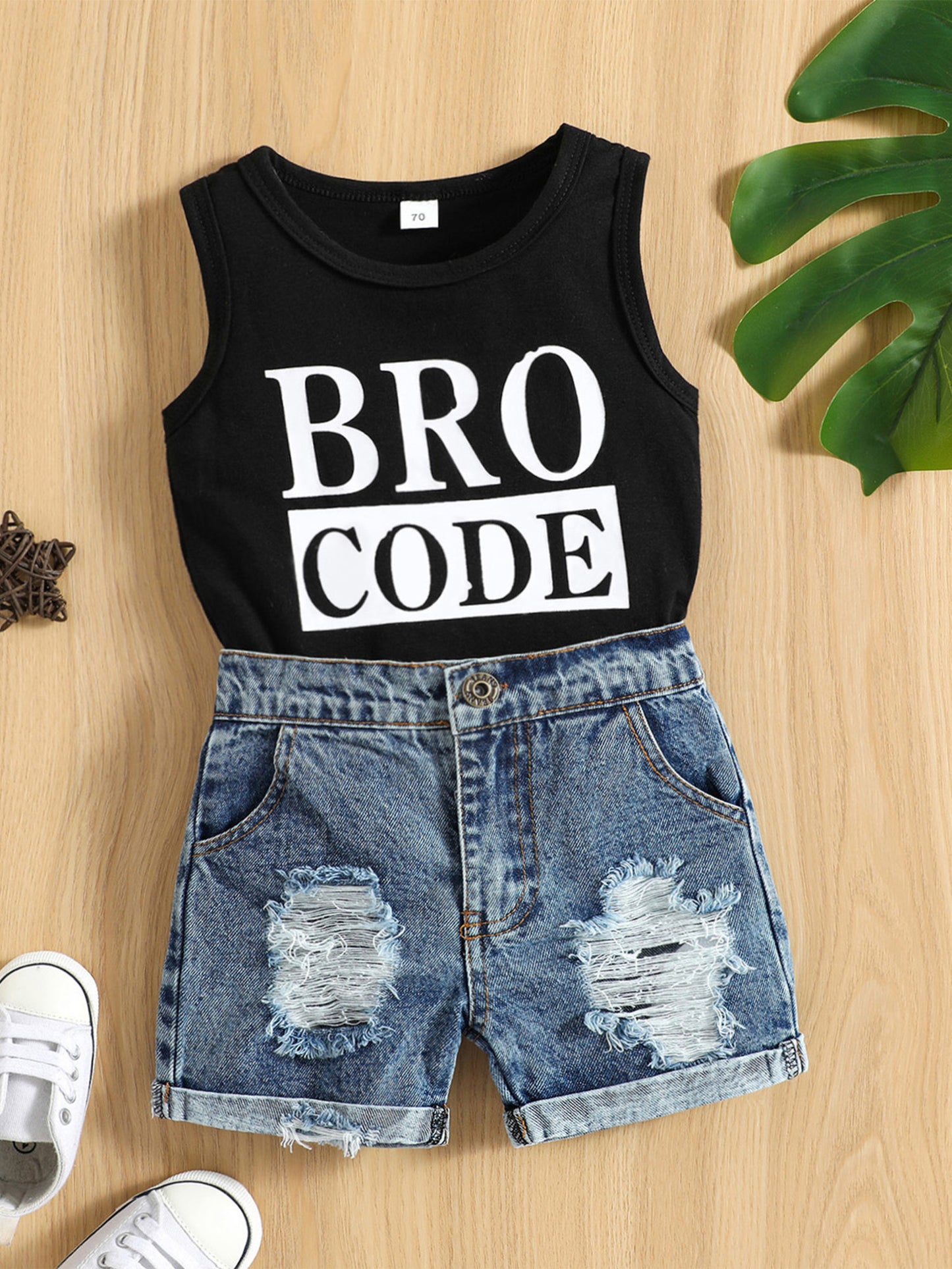 Baby Toddler Boys Summer Outfit Set Round Neck Sleeveless Letter Print Tank Tops and Ripped Denim Shorts for Outdoor Activities