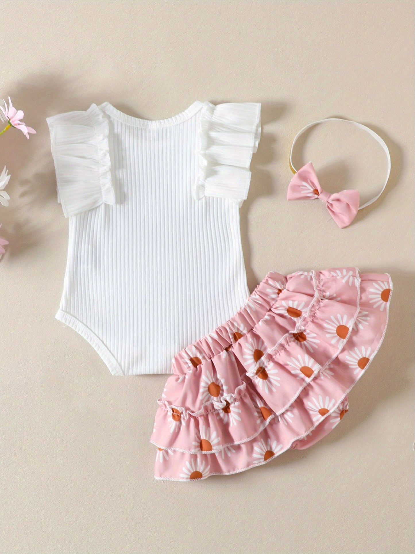 Baby Girls Summer Outfit Set Ruffle Sleeve Ribbed Romper Floral Culottes Headband Outdoor Wear