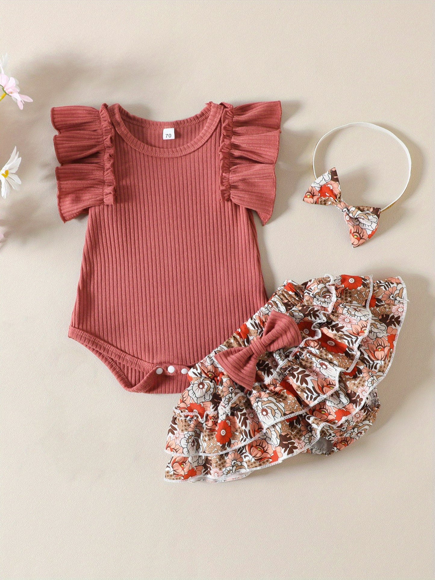 Baby Girls Summer Outfit Set Ruffle Sleeve Ribbed Romper Floral Culottes Headband Outdoor Wear