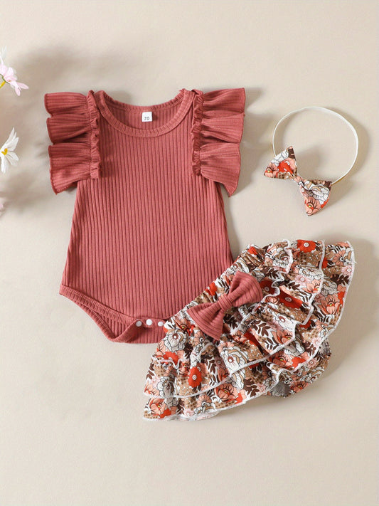 Baby Girls Summer Outfit Set Ruffle Sleeve Ribbed Romper Floral Culottes Headband Outdoor Wear