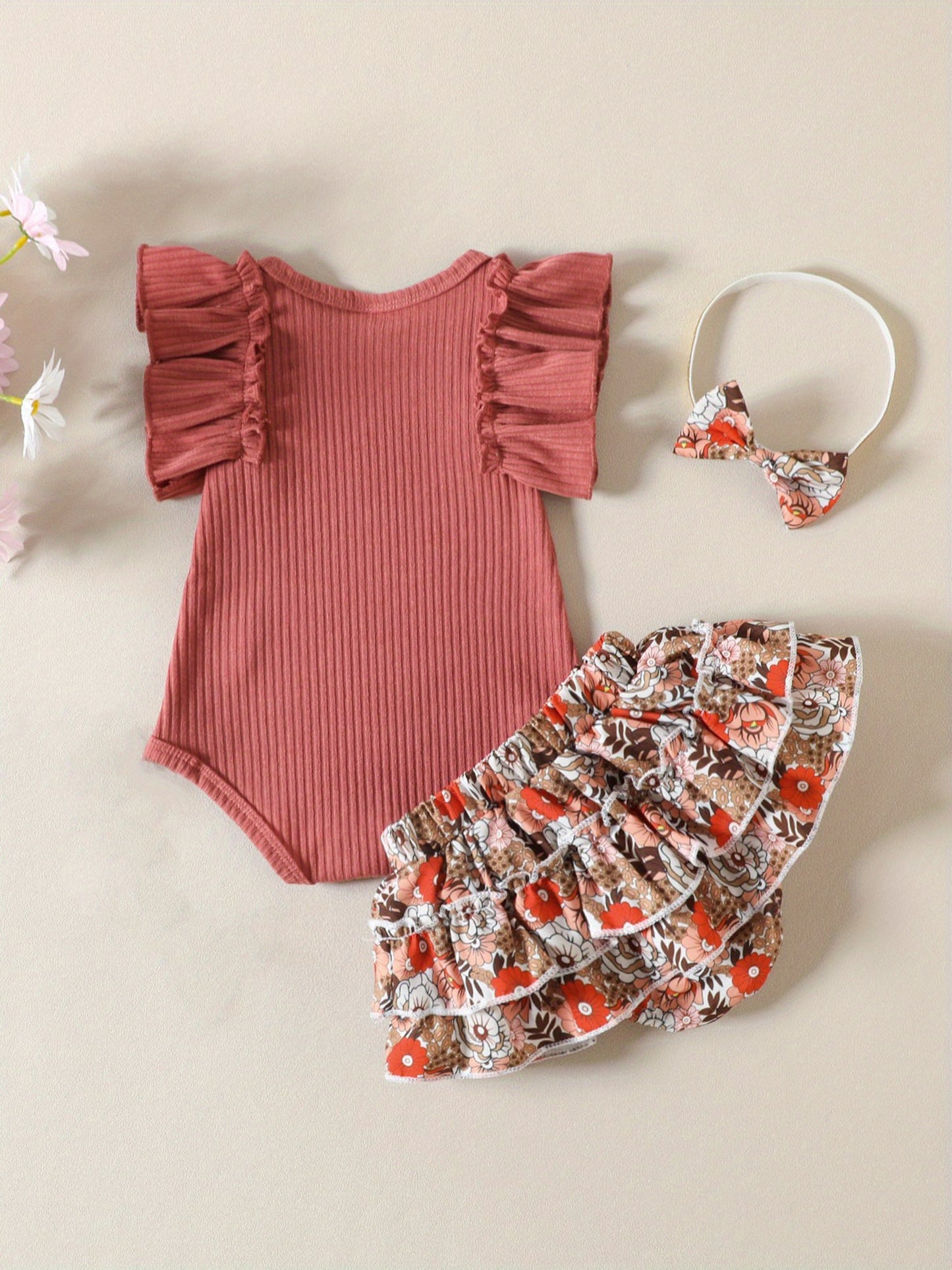 Baby Girls Summer Outfit Set Ruffle Sleeve Ribbed Romper Floral Culottes Headband Outdoor Wear