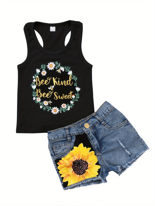 Baby Girls Sleeveless Letter Printed Halter Vest and Sunflower Denim Shorts Clothes 2pcs Outfits Set for Outdoor