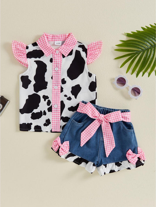 2pcs Summer Outfit for Girls Aged 18 Months to 6 Years Button Up Shirt with Fly Sleeves Cow Print and Denim Shorts for Outdoor Activities