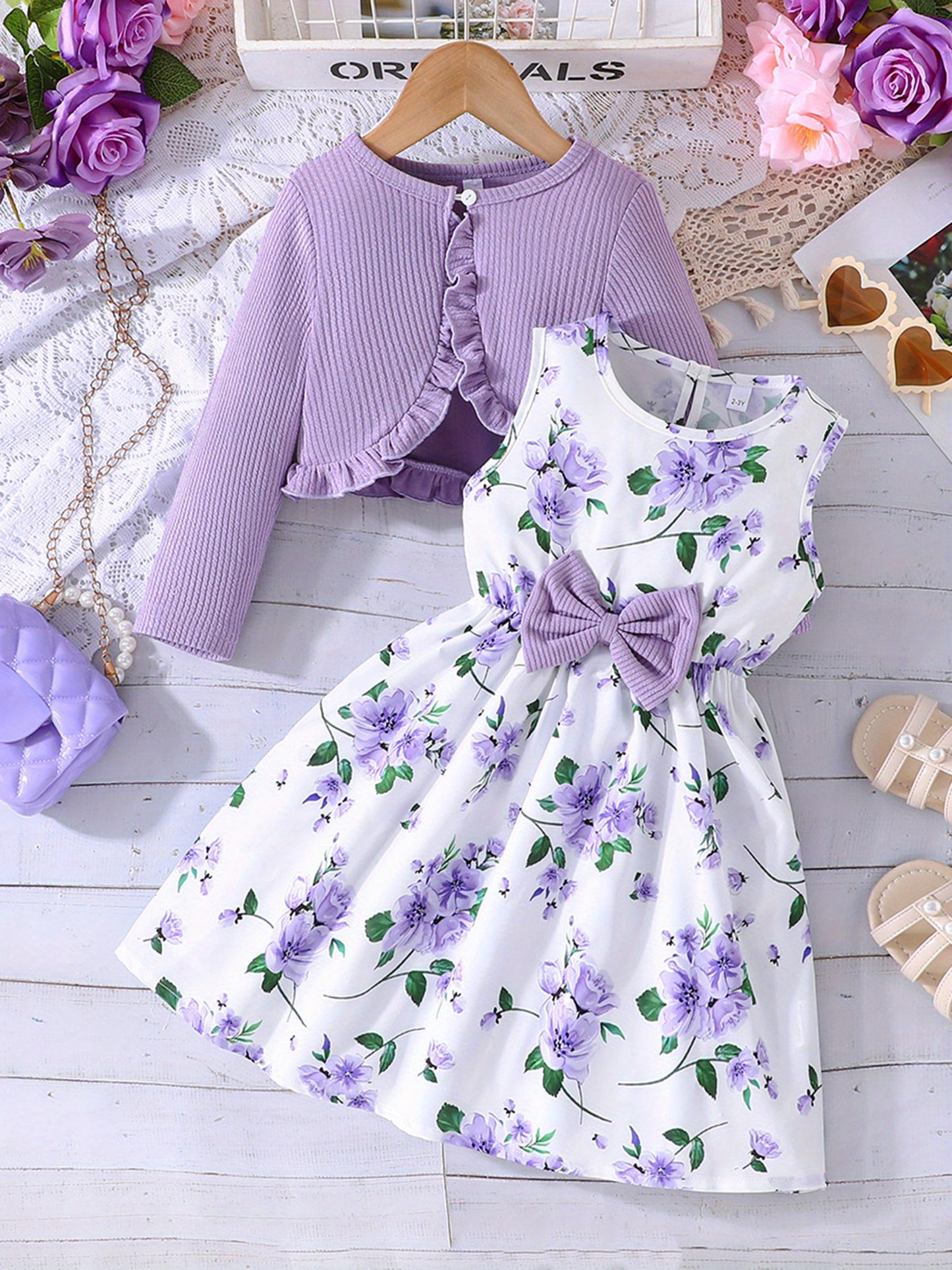 Girl Dress Set Floral Print Round Neck Bow A-Line Tank Dress with Ruffled Ribbed Cardigan