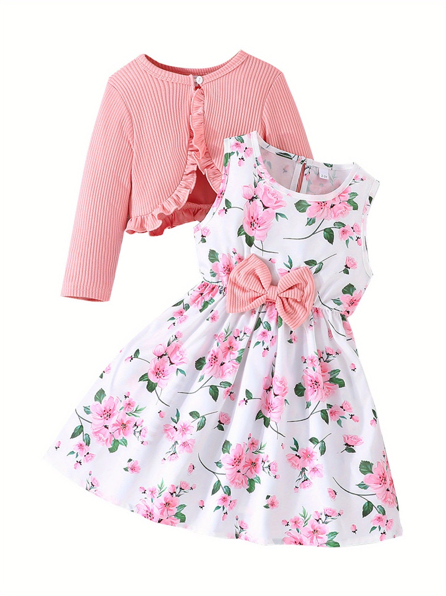 Girl Dress Set Floral Print Round Neck Bow A-Line Tank Dress with Ruffled Ribbed Cardigan