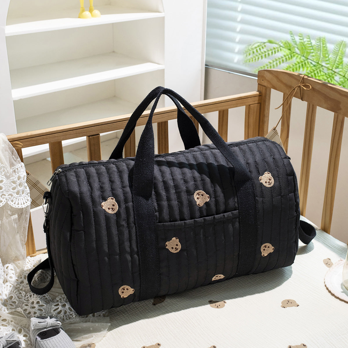 Large Mommy Bag Durable Polyester Large Capacity Embroidered Black Teddy Bear Multi Functional Storage Portable Crossbody Design Everyday Carry Bag Playful Design Sturdy Handle Diaper Bag