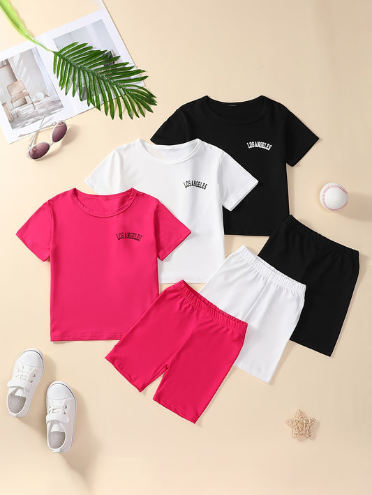 3 Sets Toddler Girls Outfits Los Angeles Letter Print Short Sleeve T Shirt Tops Casual Shorts Set Comfy Versatile Summer Sets