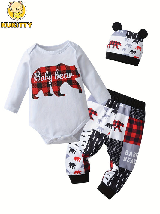 KuKitty Newborn Baby Boy Red Plaid Long Sleeve Outfit Set with Bear Pattern Bodysuit Pants and Hat for Outdoor Use