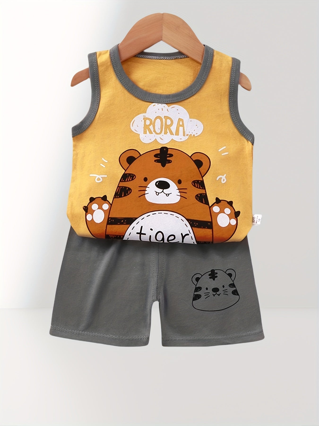 4 Sets Of 8pcs Boy Cartoon Tiger Dinosaur Shark Pattern Vest Shorts Suit Comfortable Soft Breathable For Summer Outdoor Sports
